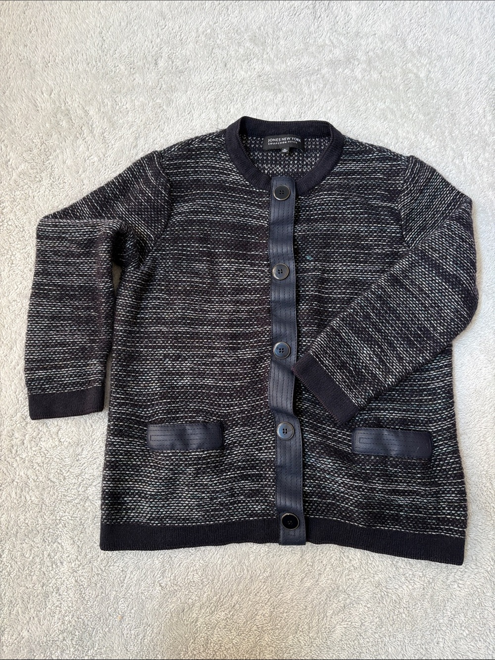 Jones New York Black and White Marled Petite Cardigan
